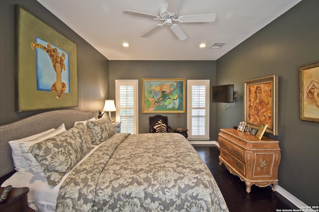 8 Kensington Ct, San Antonio, TX 78218 - bedroom featuring recessed lighting, multiple windows, dark wood-type flooring, baseboards, and ceiling fan