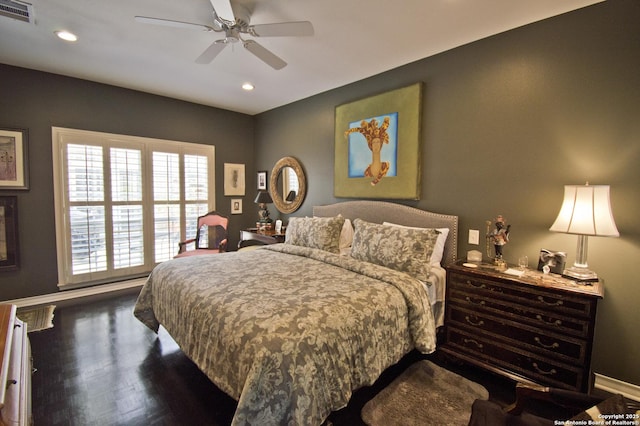 8 Kensington Ct, San Antonio, TX 78218 - bedroom featuring recessed lighting, dark wood-style floors, ceiling fan, and baseboards