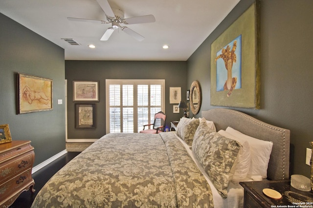 8 Kensington Ct, San Antonio, TX 78218 - bedroom with baseboards, dark wood finished floors, recessed lighting, and a ceiling fan