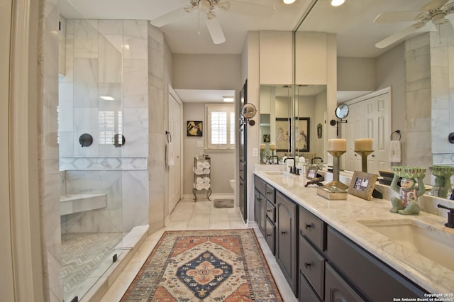 8 Kensington Ct, San Antonio, TX 78218 - bathroom with ceiling fan, double vanity, a shower stall, toilet, and recessed lighting