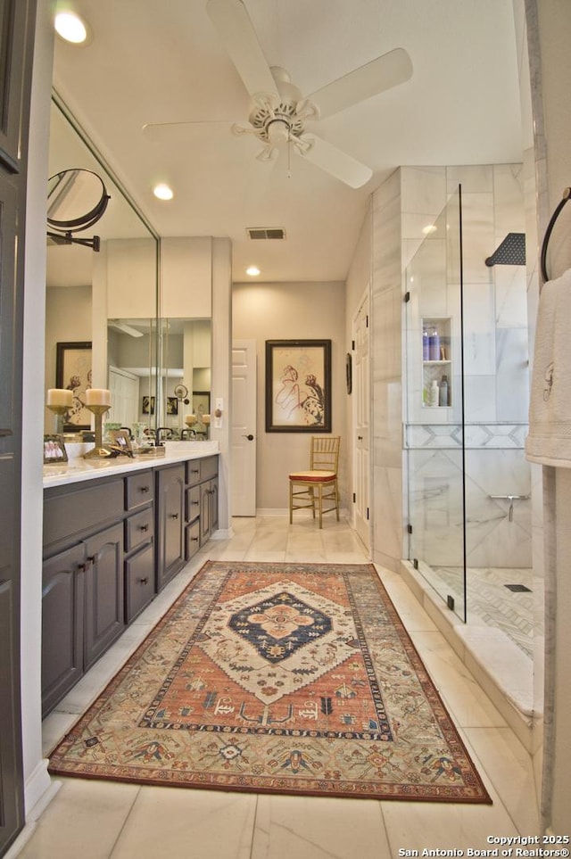 8 Kensington Ct, San Antonio, TX 78218 - full bath with a shower stall, vanity, a ceiling fan, recessed lighting, and baseboards