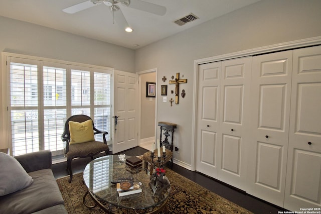 8 Kensington Ct, San Antonio, TX 78218 - living room with ceiling fan, recessed lighting, baseboards, and dark wood-style flooring