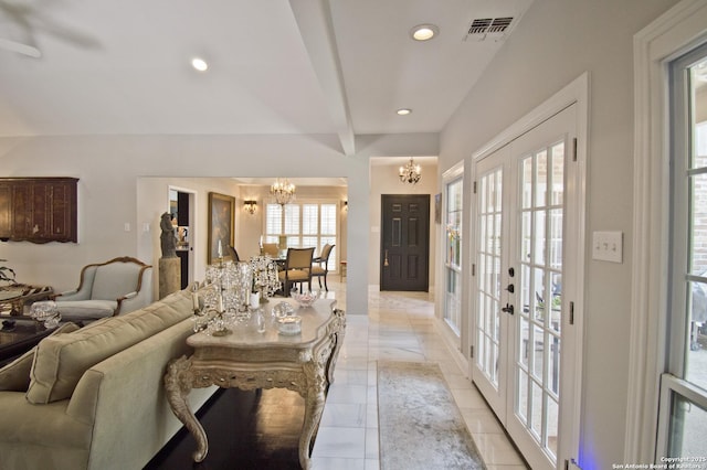 8 Kensington Ct, San Antonio, TX 78218 - living area with a chandelier, french doors, beam ceiling, and recessed lighting
