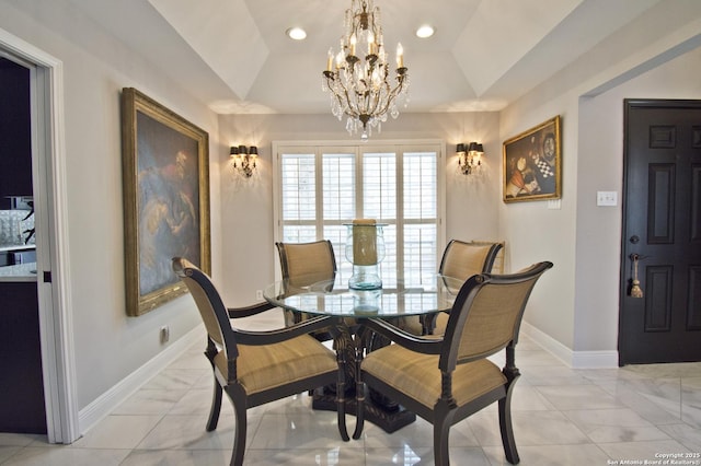 8 Kensington Ct, San Antonio, TX 78218 - dining space with a chandelier, light marble finish floors, baseboards, lofted ceiling, and recessed lighting