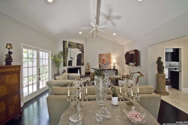 8 Kensington Ct, San Antonio, TX 78218 - living area featuring a ceiling fan, lofted ceiling, and recessed lighting