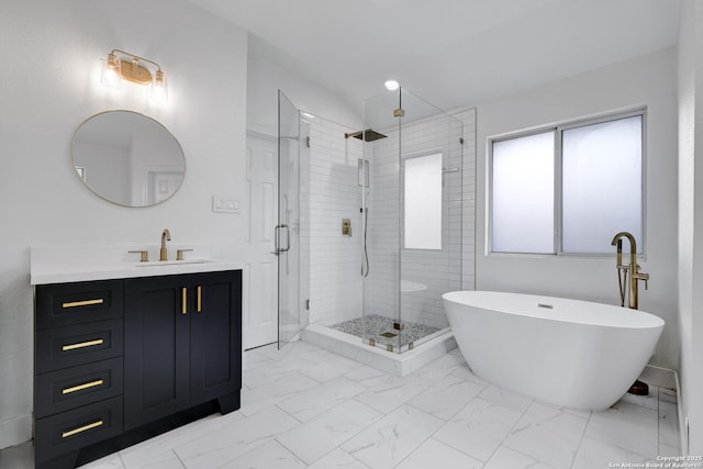 4451 Taylors Bnd, San Antonio, TX 78247 - full bath with a shower stall, marble look tile flooring, a soaking tub, vanity, and recessed lighting