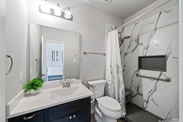 9706 Kremmen, Boerne, TX 78006 - full bath with vanity, a textured wall, toilet, and a marble finish shower