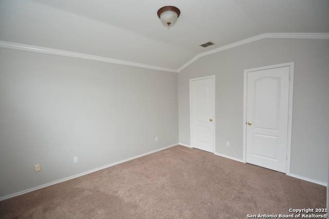 807 Maltese Gdn, San Antonio, TX 78260 - unfurnished bedroom with vaulted ceiling, carpet, baseboards, and ornamental molding