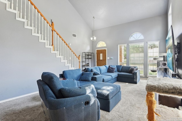 11823 Stanton, San Antonio, TX 78253 - carpeted living area with high vaulted ceiling and stairway