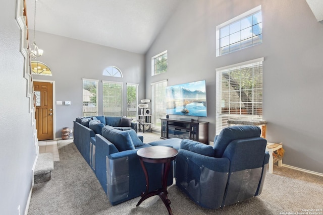 11823 Stanton, San Antonio, TX 78253 - living room featuring high vaulted ceiling, carpet flooring, and baseboards