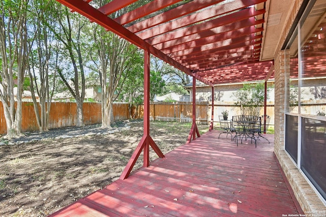 11823 Stanton, San Antonio, TX 78253 - wooden deck with a fenced backyard, a pergola, and outdoor dining area