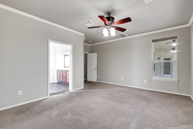 25511 Willard Path, San Antonio, TX 78261 - unfurnished bedroom with carpet, ornamental molding, baseboards, connected bathroom, and ceiling fan