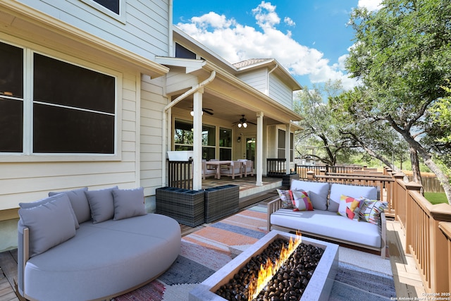 25511 Willard Path, San Antonio, TX 78261 - deck featuring an outdoor living space with a fire pit and a ceiling fan