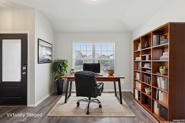 6131 Akin, San Antonio, TX 78261 - office area featuring wood finished floors, baseboards, and lofted ceiling