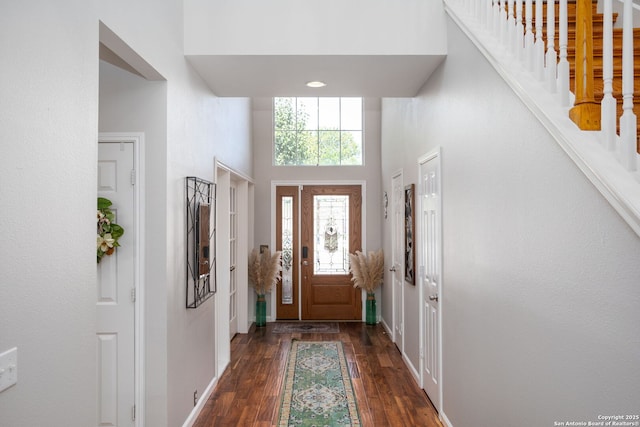 20926 Encino Pebble, San Antonio, TX 78259 - foyer featuring a high ceiling, dark wood finished floors, and stairs