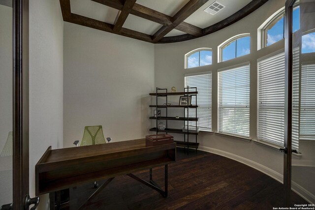26358 Tawny Way, Boerne, TX 78015 - office space featuring coffered ceiling, wood finished floors, beam ceiling, and baseboards