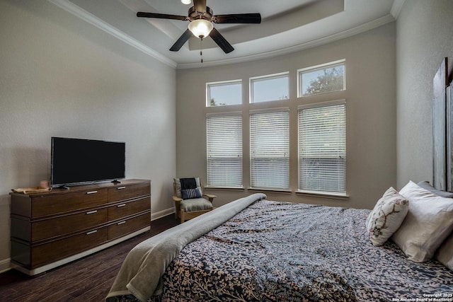 26358 Tawny Way, Boerne, TX 78015 - bedroom featuring crown molding, dark wood-style floors, baseboards, a ceiling fan, and a raised ceiling
