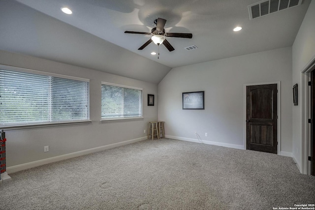 26358 Tawny Way, Boerne, TX 78015 - empty room featuring carpet, baseboards, ceiling fan, lofted ceiling, and recessed lighting