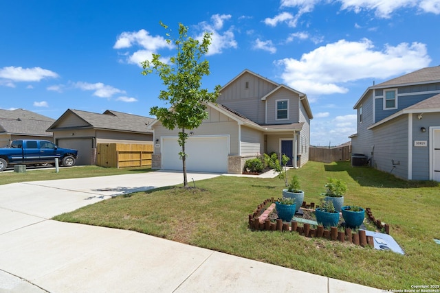 10815 Fox Trot, Converse, TX 78109 - view of front facade with board and batten siding, concrete driveway, central air condition unit, brick siding, and an attached garage