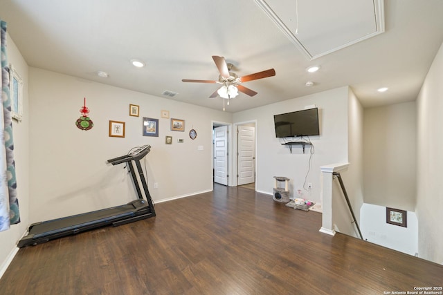 10815 Fox Trot, Converse, TX 78109 - exercise area with attic access, recessed lighting, wood finished floors, a ceiling fan, and baseboards