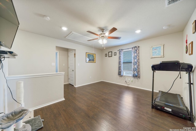 10815 Fox Trot, Converse, TX 78109 - workout room featuring attic access, ceiling fan, wood finished floors, baseboards, and recessed lighting