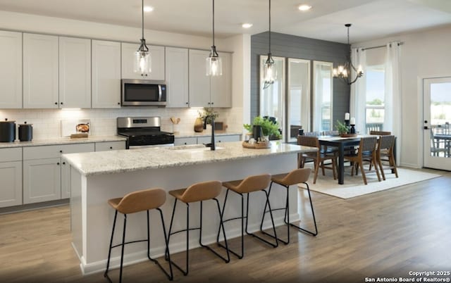 1526 Passmore Downs, New Braunfels, TX 78130 - kitchen with stainless steel appliances, decorative backsplash, dark wood-style floors, a sink, and an island with sink