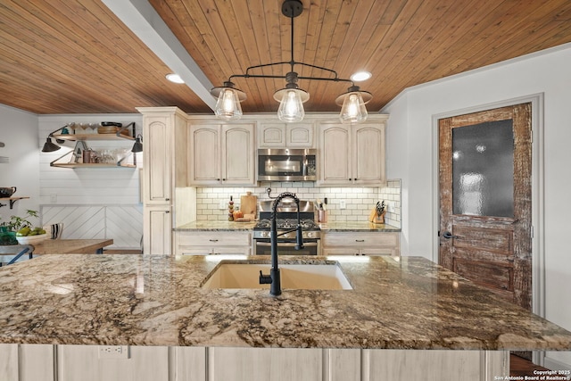 14834 Fm 536, Pleasanton, TX 78064 - kitchen with stainless steel appliances, wood ceiling, tasteful backsplash, dark stone countertops, and pendant lighting