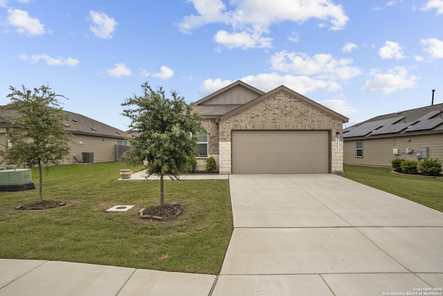 31665 Acacia Vis, Bulverde, TX 78163 - view of front of house featuring a front yard, brick siding, an attached garage, cooling unit, and board and batten siding