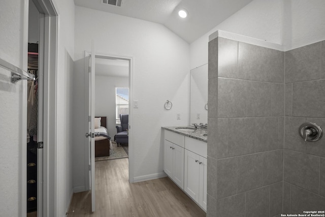 31665 Acacia Vis, Bulverde, TX 78163 - ensuite bathroom featuring wood finished floors, vanity, vaulted ceiling, a spacious closet, and baseboards