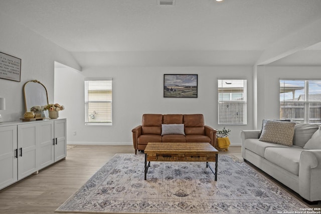 31665 Acacia Vis, Bulverde, TX 78163 - living area with light wood-type flooring, lofted ceiling, and baseboards