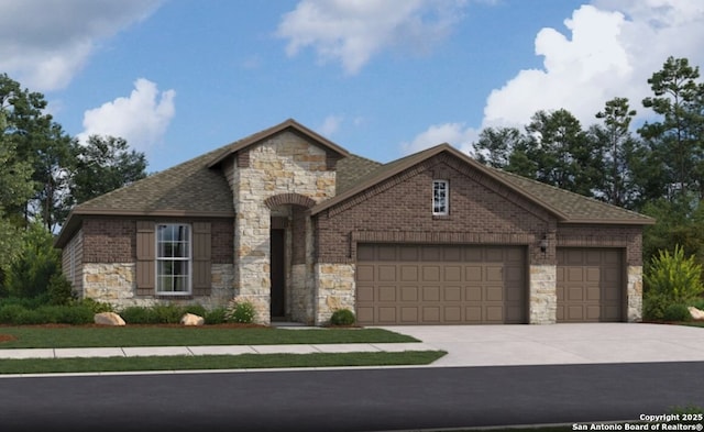 1632 Bonhill Yard, New Braunfels, TX 78130 - french country inspired facade with stone siding, an attached garage, concrete driveway, and brick siding