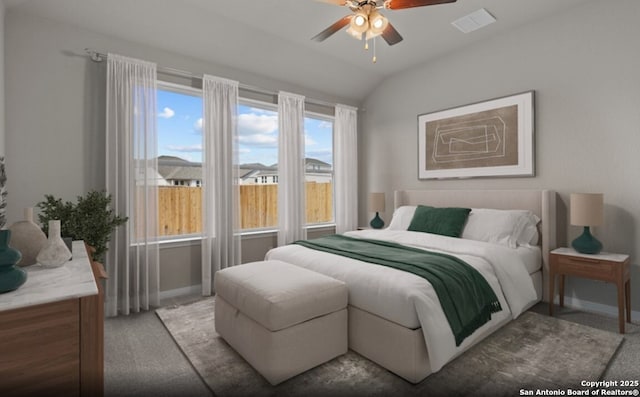 1632 Bonhill Yard, New Braunfels, TX 78130 - carpeted bedroom featuring baseboards and vaulted ceiling