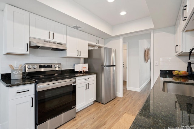 7527 Rustic Trl, San Antonio, TX 78244 - kitchen featuring under cabinet range hood, appliances with stainless steel finishes, light wood-type flooring, white cabinetry, and decorative backsplash
