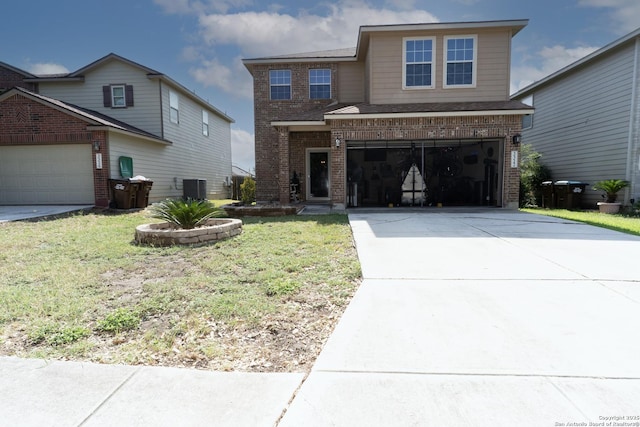 3322 Dunlap Flds, Converse, TX 78109 - traditional home with brick siding, cooling unit, concrete driveway, a garage, and a front yard