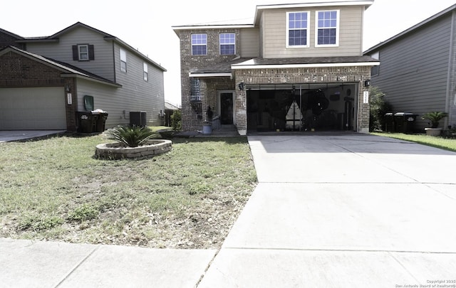 3322 Dunlap Flds, Converse, TX 78109 - traditional-style home featuring brick siding, concrete driveway, a garage, cooling unit, and a front yard
