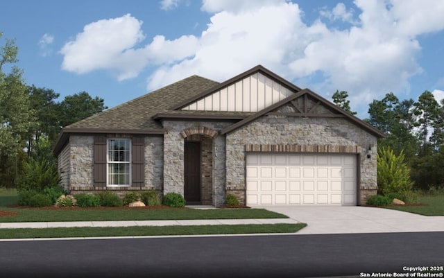 6422 Penny Path, San Antonio, TX 78253 - view of front of home featuring stone siding, a garage, driveway, and board and batten siding