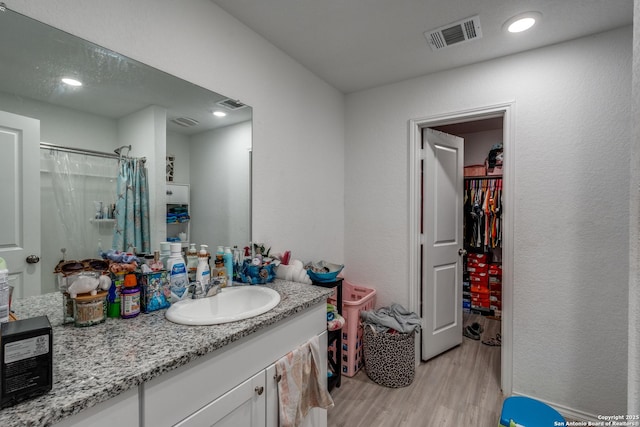 10827 Hernando Ct, Converse, TX 78109 - bathroom with wood finished floors, vanity, and a shower with shower curtain
