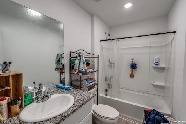 10827 Hernando Ct, Converse, TX 78109 - bathroom with vanity, shower / bathtub combination with curtain, toilet, and recessed lighting