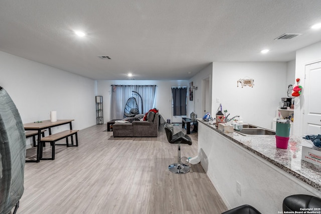 10827 Hernando Ct, Converse, TX 78109 - living area featuring light wood finished floors, a textured ceiling, and recessed lighting