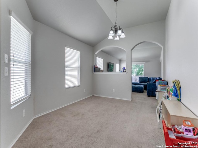 6211 Post Mi, San Antonio, TX 78244 - game room featuring vaulted ceiling, arched walkways, carpet flooring, a chandelier, and baseboards
