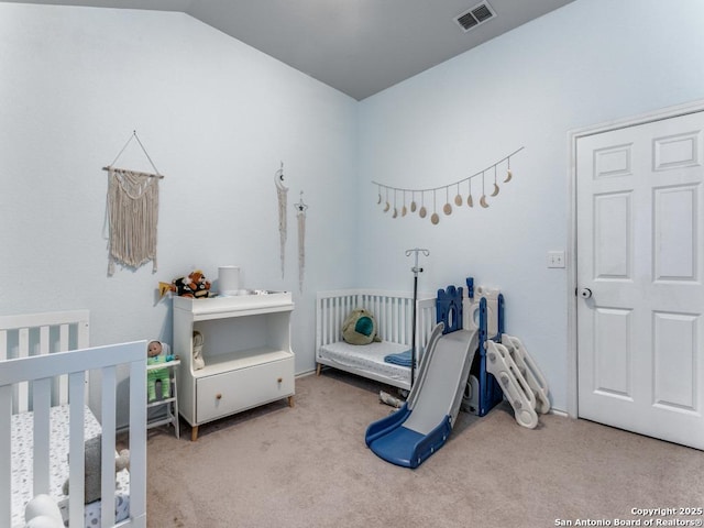 6211 Post Mi, San Antonio, TX 78244 - bedroom featuring carpet floors, a crib, and lofted ceiling