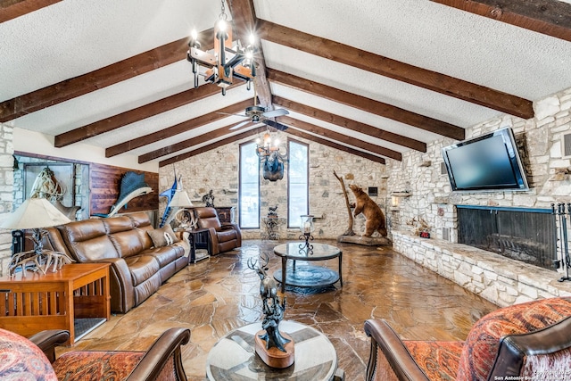 10745 Rosemar Ln, Adkins, TX 78101 - living room with a textured ceiling, a stone fireplace, a chandelier, ceiling fan, and stone floors