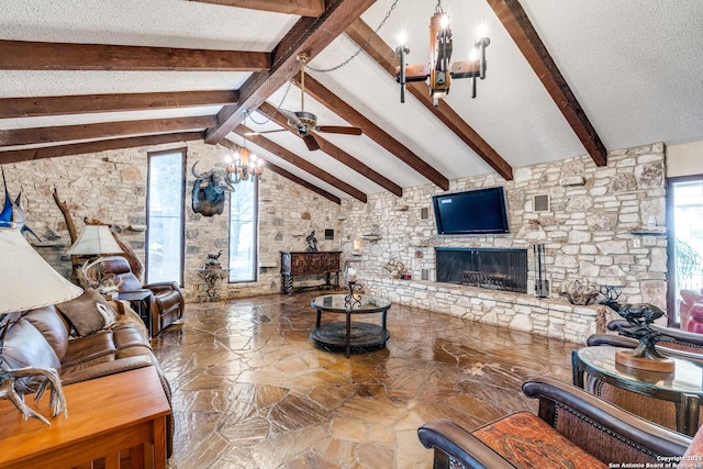 10745 Rosemar Ln, Adkins, TX 78101 - living room with a fireplace, a chandelier, a textured ceiling, and ceiling fan