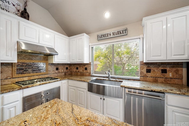 102 Blue Thorn, San Antonio, TX 78256 - kitchen featuring under cabinet range hood, appliances with stainless steel finishes, a sink, white cabinetry, and vaulted ceiling