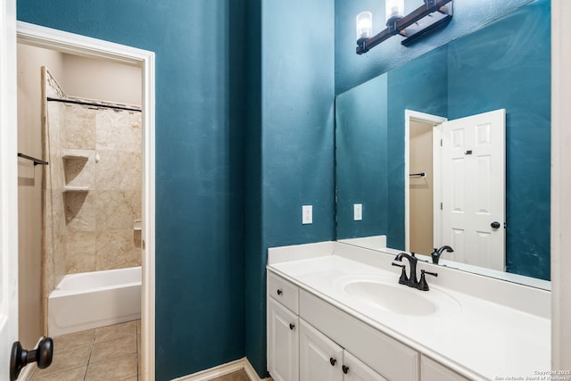 102 Blue Thorn, San Antonio, TX 78256 - full bathroom featuring vanity, tile patterned flooring, baseboards, and washtub / shower combination