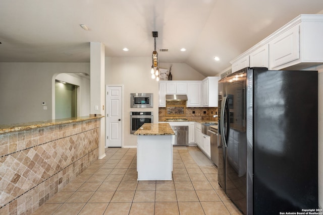102 Blue Thorn, San Antonio, TX 78256 - kitchen featuring stainless steel appliances, under cabinet range hood, light stone counters, a center island, and white cabinets