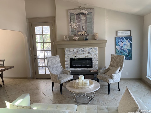 12111 Woodsrim, Live Oak, TX 78233 - sitting room with tile patterned floors, baseboards, and a stone fireplace