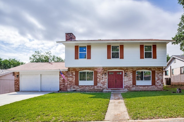 3618 Minthill, San Antonio, TX 78230 - view of front of property with driveway, central AC unit, a front lawn, an attached garage, and a chimney