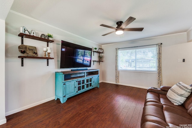3618 Minthill, San Antonio, TX 78230 - living room with crown molding, dark wood-style floors, ceiling fan, and baseboards