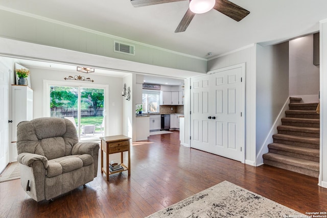 3618 Minthill, San Antonio, TX 78230 - sitting room featuring wood finished floors, stairs, ceiling fan, ornamental molding, and baseboards